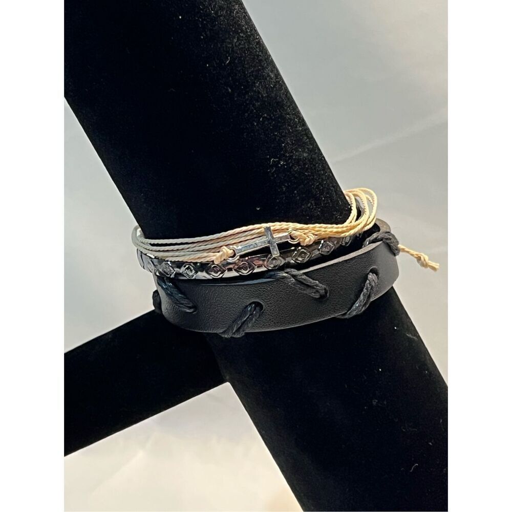 Three Stackable Bracelets One Black Leather Adjustable, One Pale Yellow String A